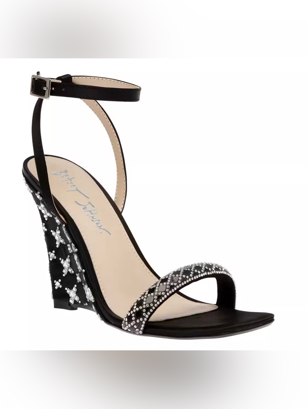 Betsey Johnson Black Crystal-Embellished Wedge Sandal